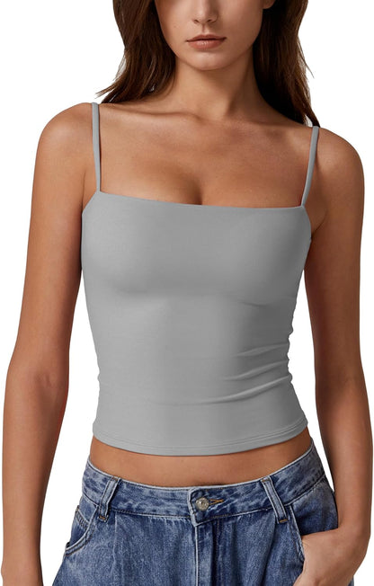 Hugmecurve Women's Double Lined Basic Tank Top Adjustable Spaghetti Straps Sleeveless Camisole Shirts