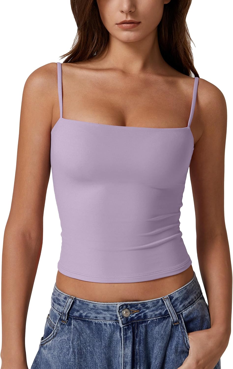 Hugmecurve Women's Double Lined Basic Tank Top Adjustable Spaghetti Straps Sleeveless Camisole Shirts