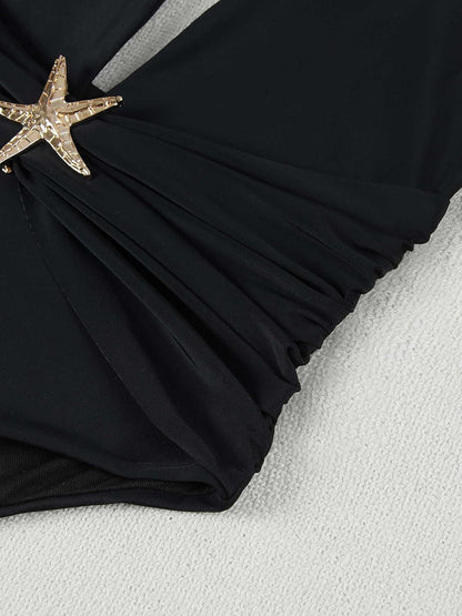 Hugmecurve® One Piece Swimsuit with Cover up Skirt Starfish Swimwear Sets for Women Halter Bathing Suits Vacation Beach Dresses