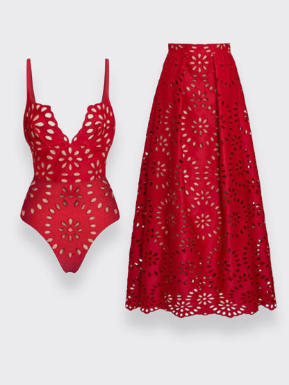 Hugmecurve® Flower Hollow One Piece Swimsuit and Skirt