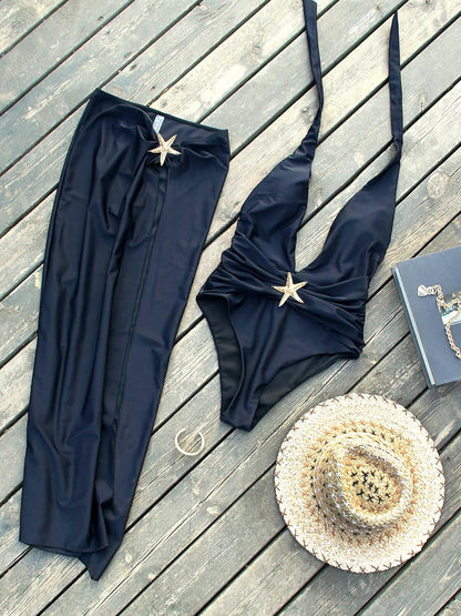Hugmecurve® One Piece Swimsuit with Cover up Skirt Starfish Swimwear Sets for Women Halter Bathing Suits Vacation Beach Dresses