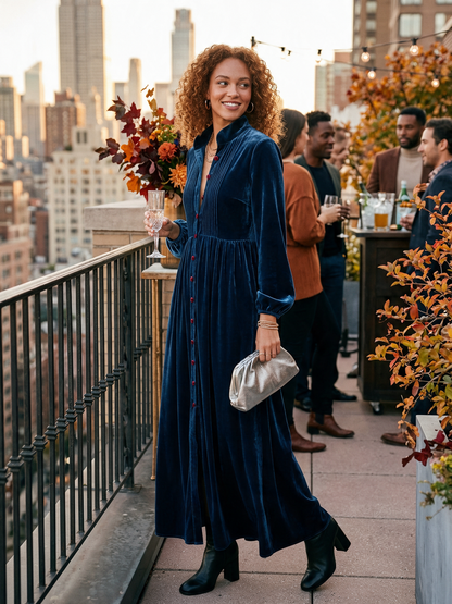 Women's Vintage Single-Breasted Velvet Maxi Dress