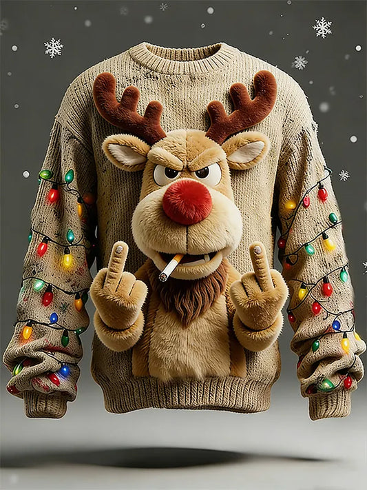 Men'S 3D Fun Reindeer For Christmas Art Print Casual Flannel Knit Sweatshirt