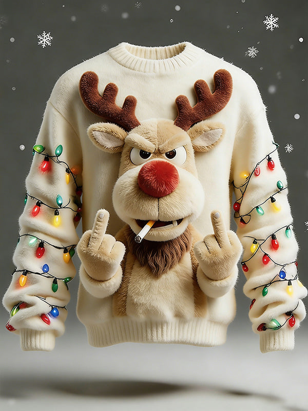 Men'S 3D Fun Reindeer For Christmas Art Print Casual Flannel Knit Sweatshirt