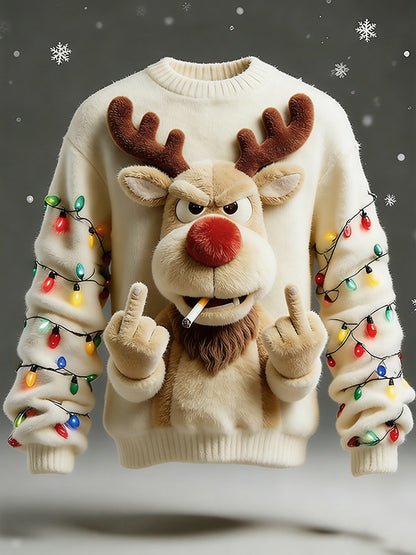 Men'S 3D Fun Reindeer For Christmas Art Print Casual Flannel Knit Sweatshirt