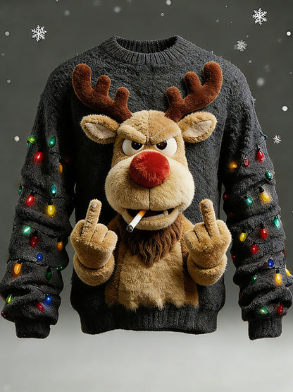 Men'S 3D Fun Reindeer For Christmas Art Print Casual Flannel Knit Sweatshirt
