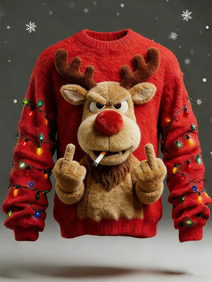 Men'S 3D Fun Reindeer For Christmas Art Print Casual Flannel Knit Sweatshirt
