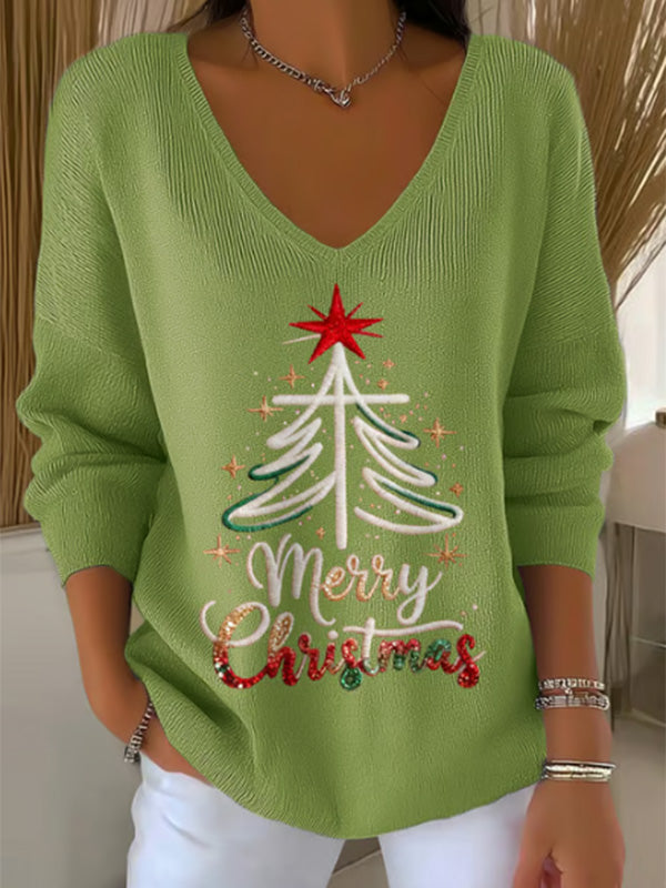 Women's Merry Christmas Tree Print Ribbed V Neck Long Sleeve T-Shirt