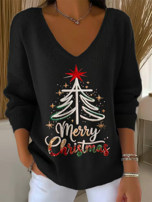 Women's Merry Christmas Tree Print Ribbed V Neck Long Sleeve T-Shirt