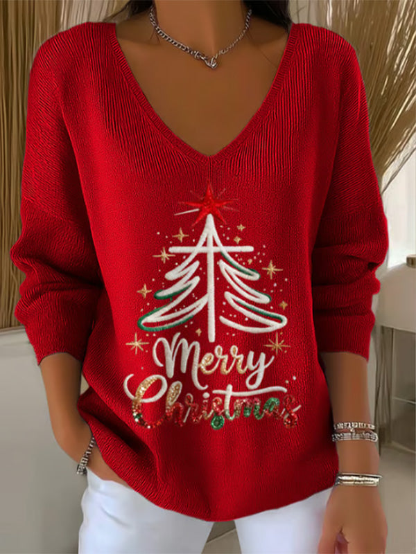 Women's Merry Christmas Tree Print Ribbed V Neck Long Sleeve T-Shirt