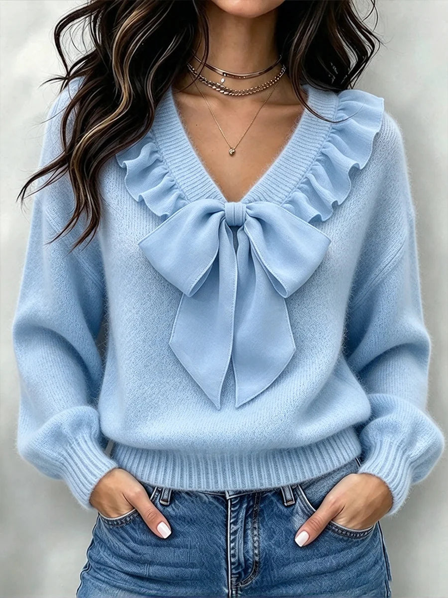 Chic Chiffon Ruffled Bow-tie Knit Top