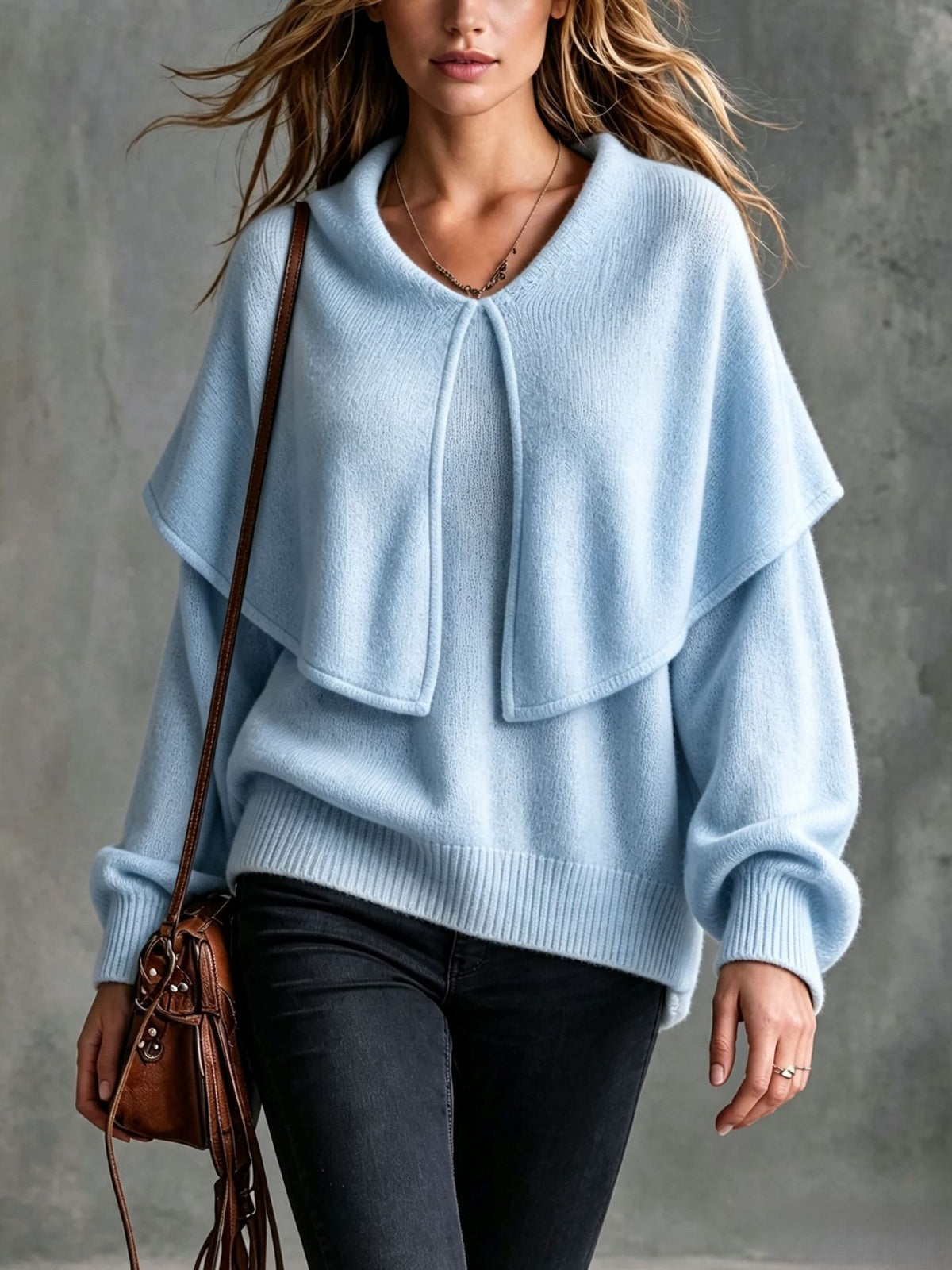 Elegant Layered Shawl Collar Knit Pullover