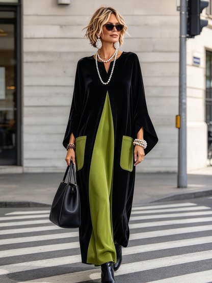 Elegant Artistic Cut Color-block Velvet Dress
