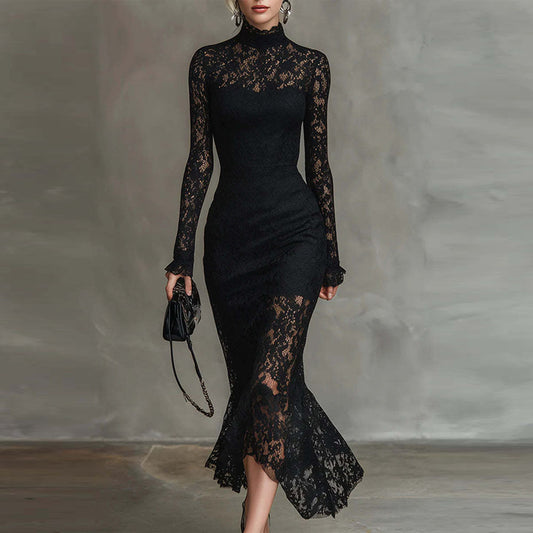 Elegant Black Lace High Neck Long Sleeve Mermaid Maxi Dress