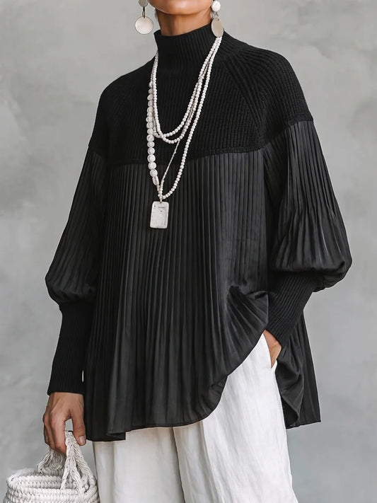 Chic Contrast-Paneled Pleated Mock-Neck Pullover