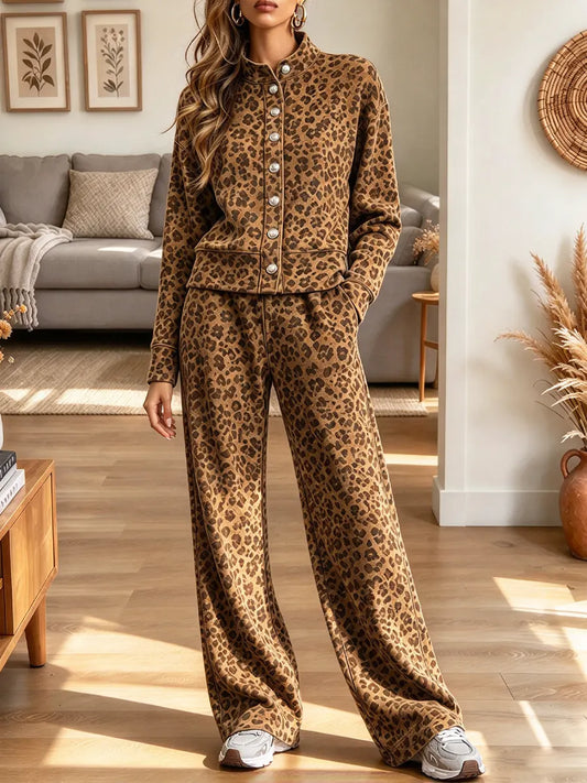Vintage Chic Leopard Art Casual Stylish Long Sleeve Top And Pants Two-piece Suit
