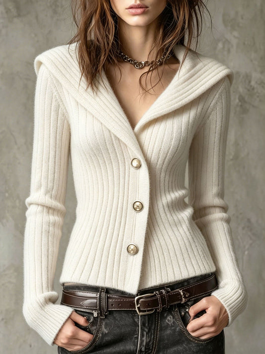 V Collar Lapel Ribbed Knit Slim Long Sleeve Cardigan Sweater