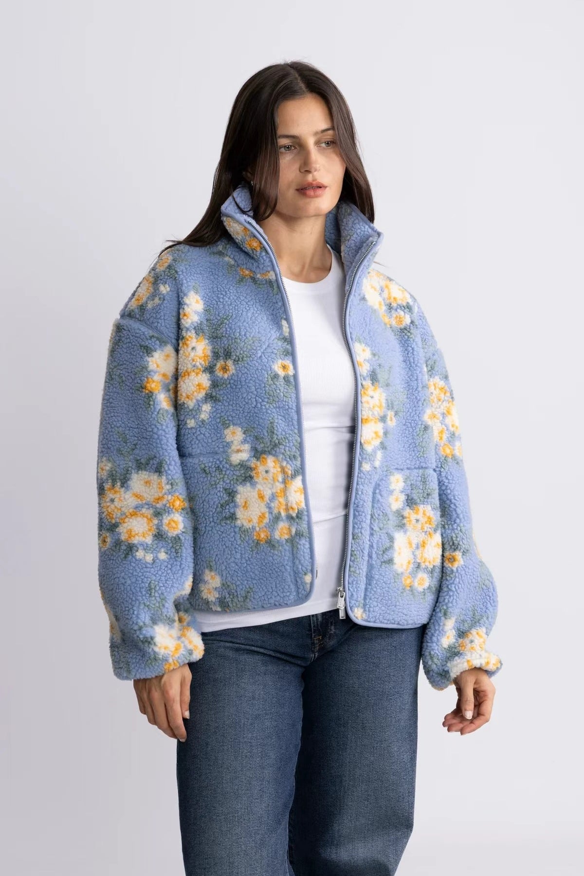 Floral Print Sherpa Fleece Zip-Up Jacket