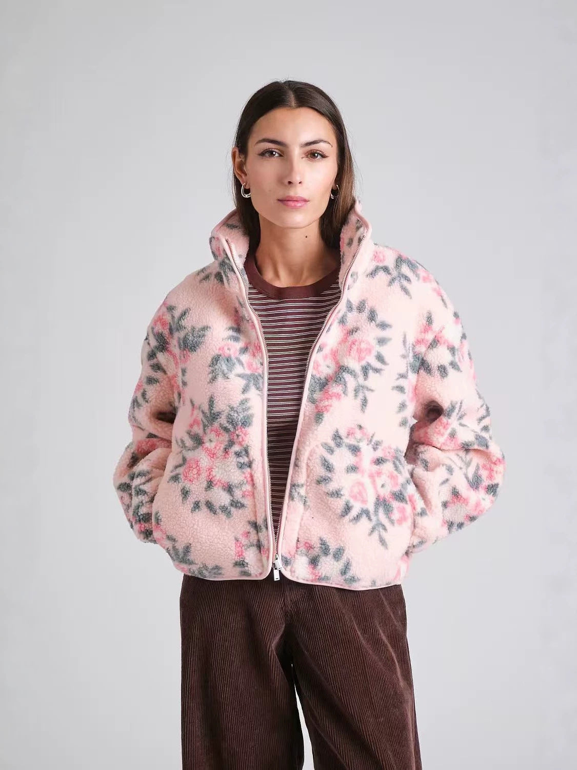 Floral Print Sherpa Fleece Zip-Up Jacket