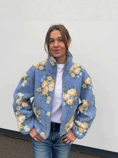 Floral Print Sherpa Fleece Zip-Up Jacket