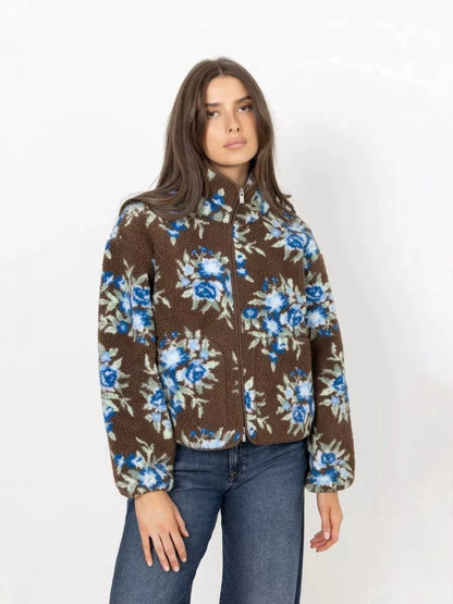 Floral Print Sherpa Fleece Zip-Up Jacket