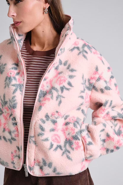 Floral Print Sherpa Fleece Zip-Up Jacket