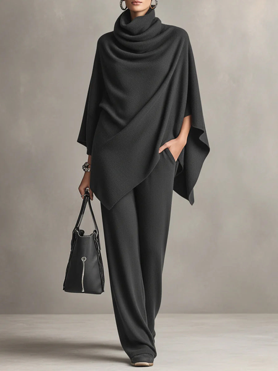 Asymmetric Cowl Neck Poncho Top & Wide-Leg Pants Set