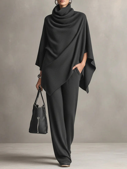 Asymmetric Cowl Neck Poncho Top & Wide-Leg Pants Set