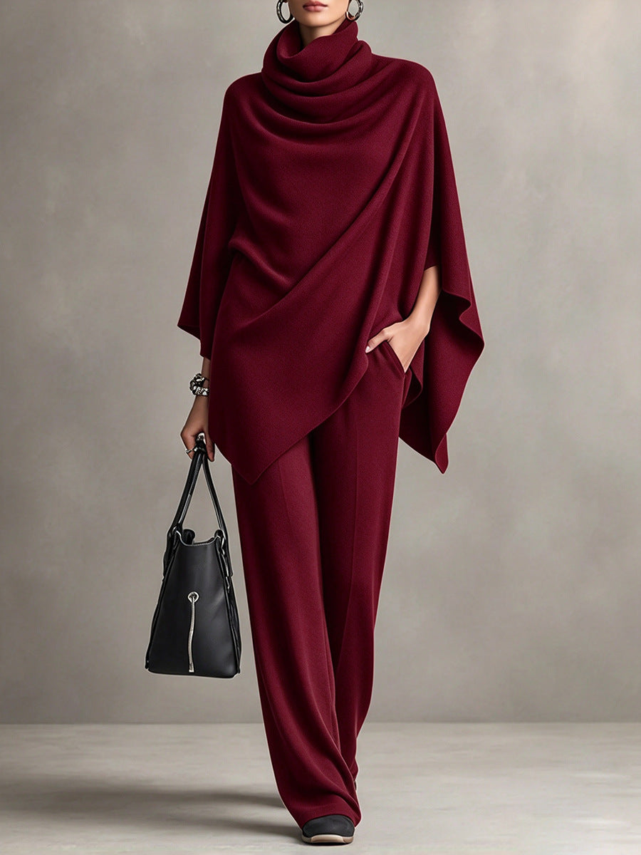 Asymmetric Cowl Neck Poncho Top & Wide-Leg Pants Set