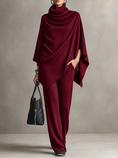 Asymmetric Cowl Neck Poncho Top & Wide-Leg Pants Set