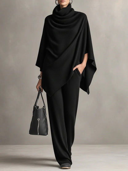 Asymmetric Cowl Neck Poncho Top & Wide-Leg Pants Set
