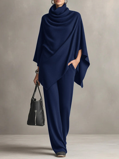 Asymmetric Cowl Neck Poncho Top & Wide-Leg Pants Set