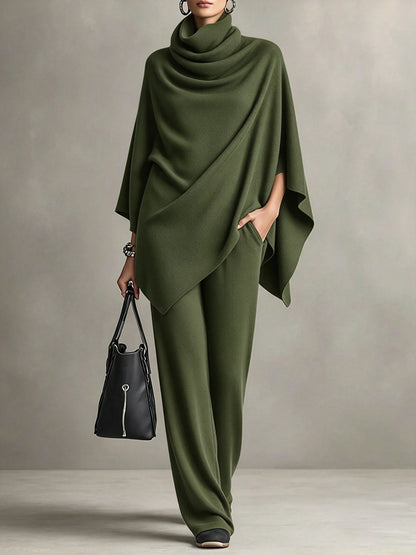 Asymmetric Cowl Neck Poncho Top & Wide-Leg Pants Set