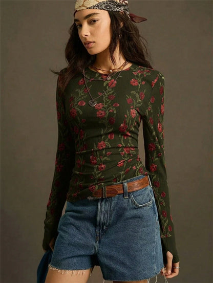 Floral Ribbed Long Sleeve Fitted Top