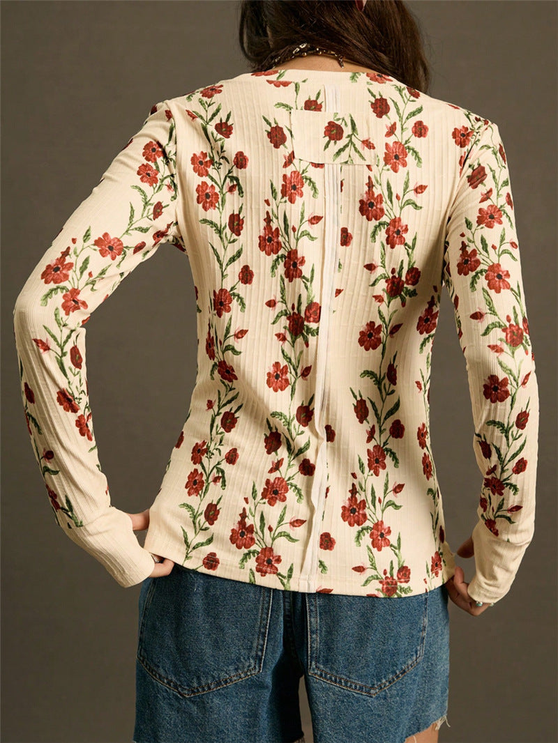 Floral Ribbed Long Sleeve Fitted Top
