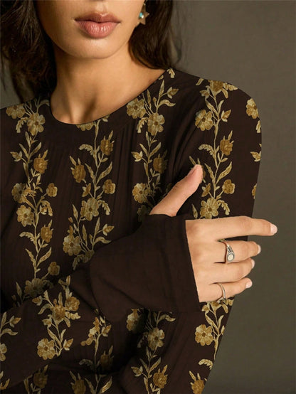 Floral Ribbed Long Sleeve Fitted Top
