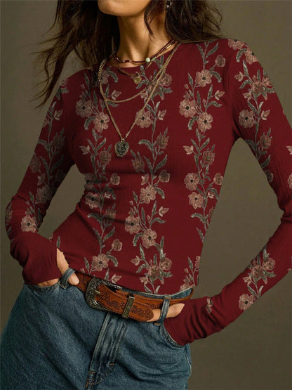 Floral Ribbed Long Sleeve Fitted Top