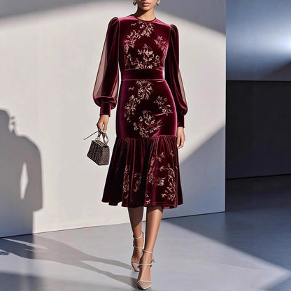 Floral Print Velvet Midi Dress with Sheer Balloon Sleeves