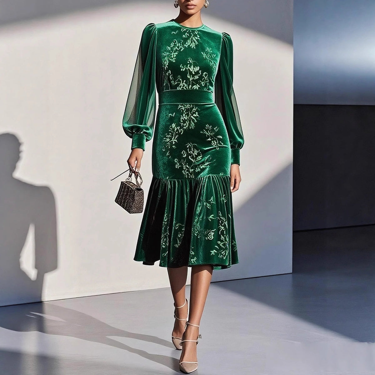 Floral Print Velvet Midi Dress with Sheer Balloon Sleeves