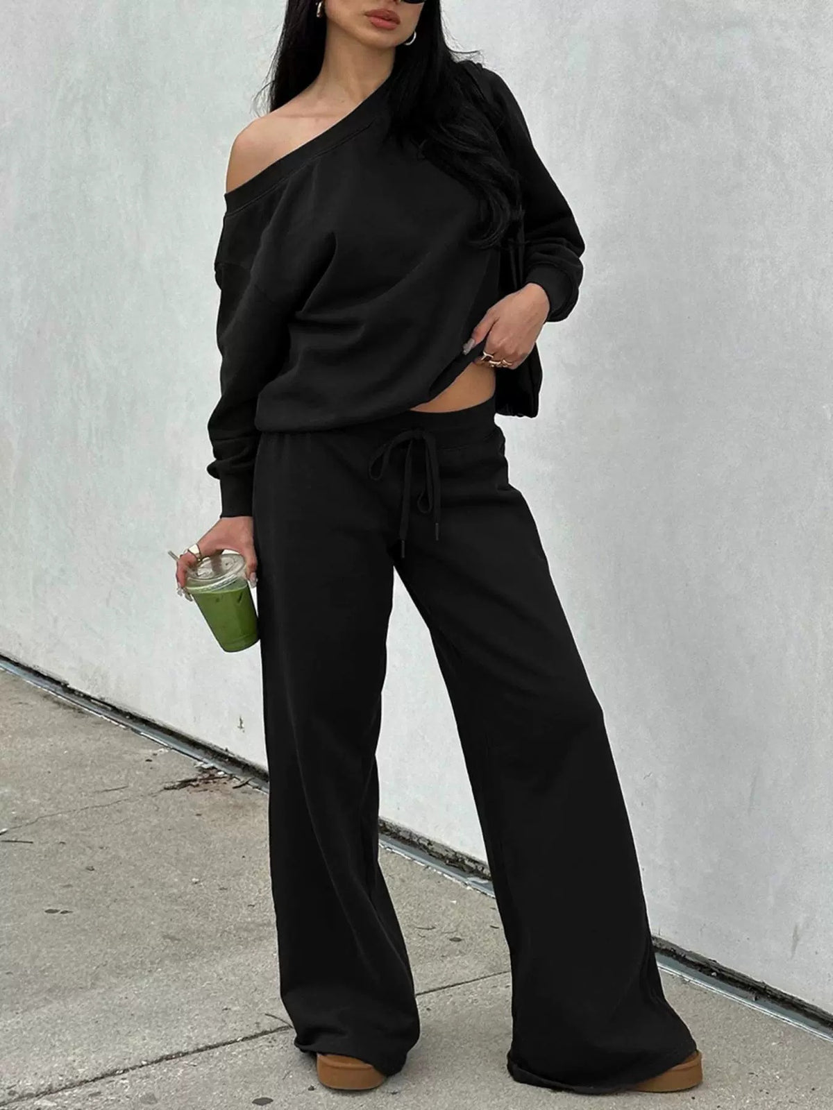 One-Shoulder Sweatshirt & Wide-Leg Pants Set