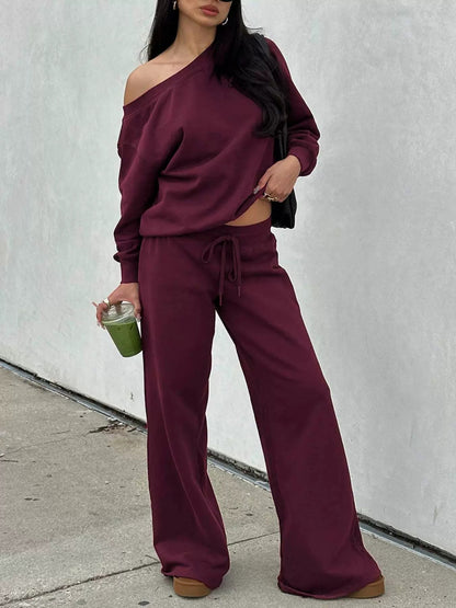 One-Shoulder Sweatshirt & Wide-Leg Pants Set