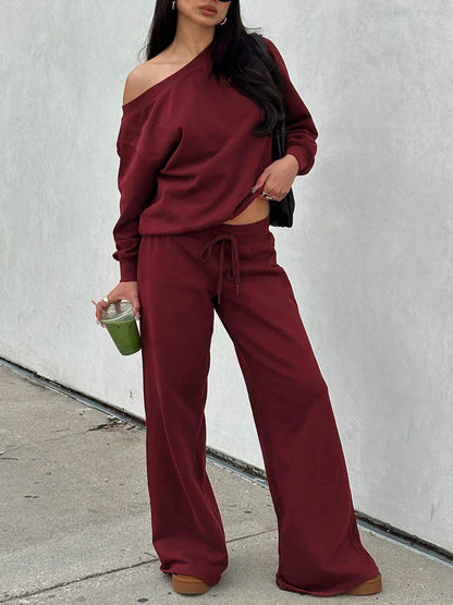 One-Shoulder Sweatshirt & Wide-Leg Pants Set