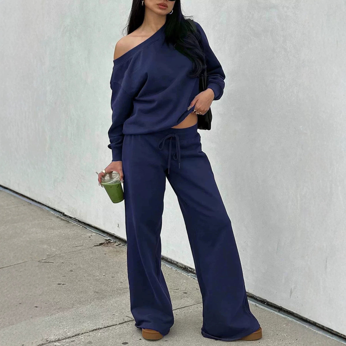One-Shoulder Sweatshirt & Wide-Leg Pants Set