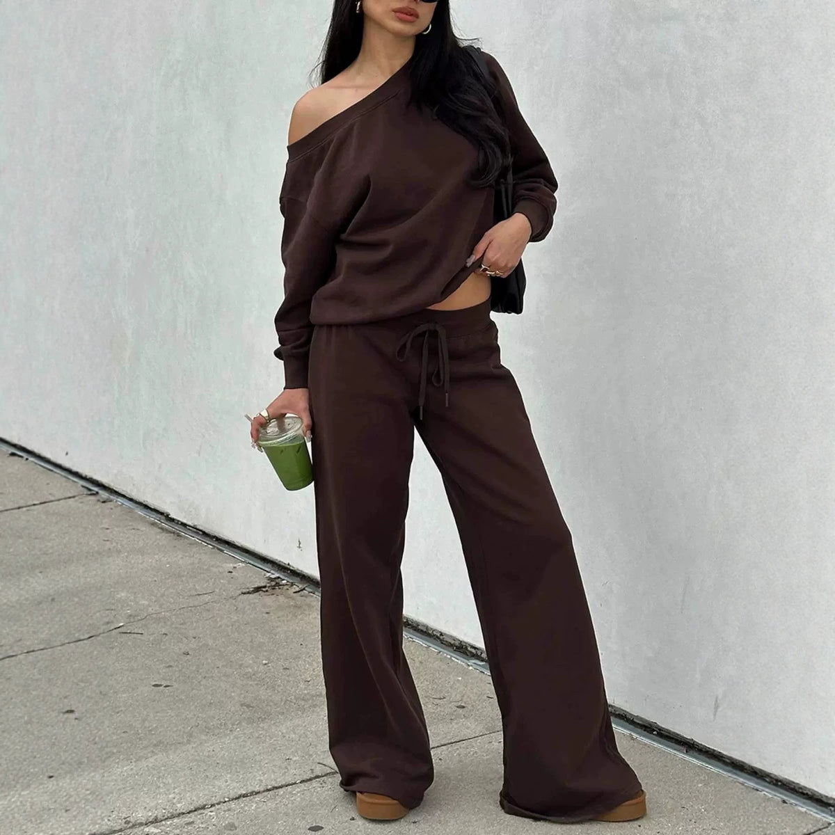 One-Shoulder Sweatshirt & Wide-Leg Pants Set
