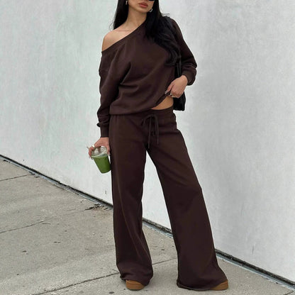 One-Shoulder Sweatshirt & Wide-Leg Pants Set