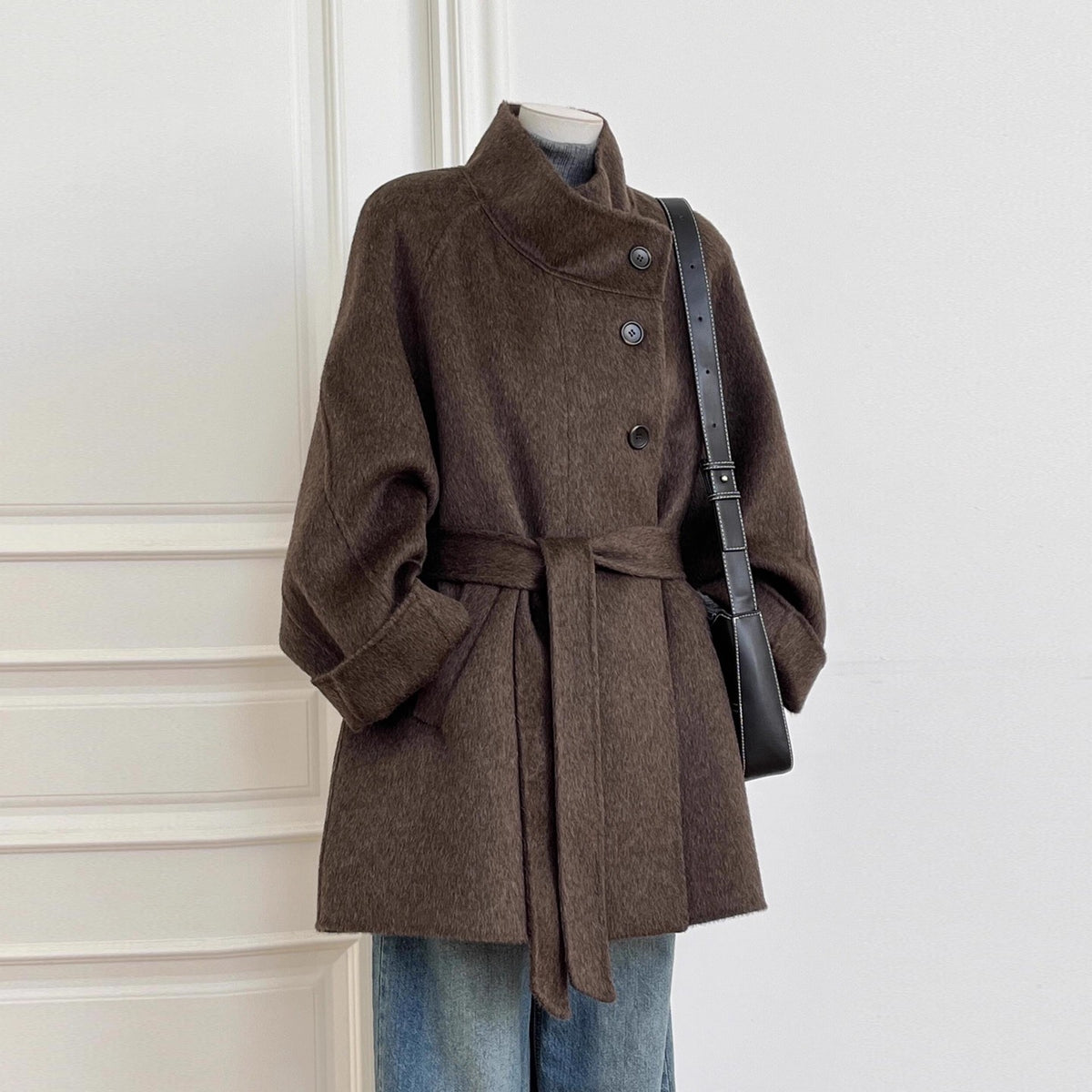 High Collar Belted Double-Breasted Coat
