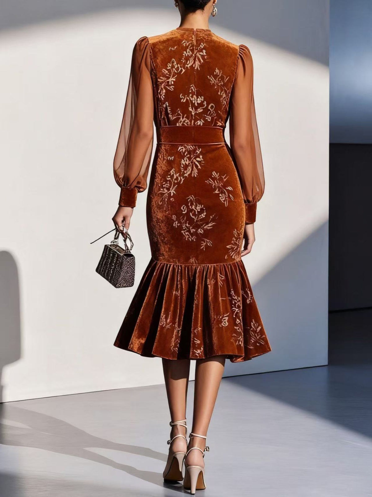 Floral Print Velvet Midi Dress with Sheer Balloon Sleeves