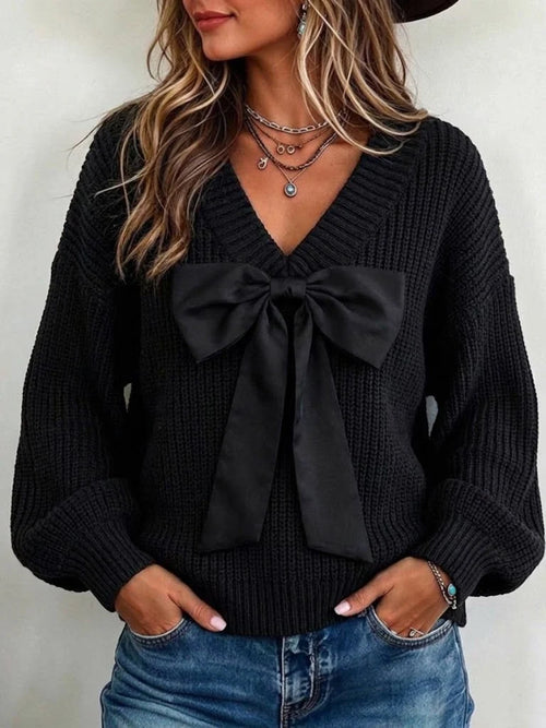 V-neck Loose-fit Knit Sweater With A Large Bow
