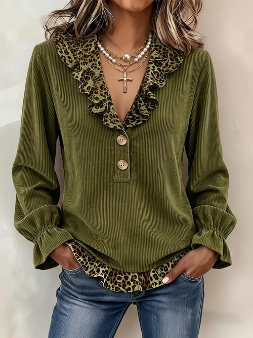 Chic Leopard-Trim Corduroy Blouse