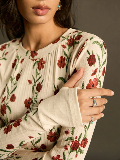 Floral Ribbed Long Sleeve Fitted Top